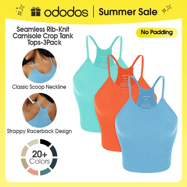 ODODOS Women's Crop 3-Pack Seamless (No Padding) Rib-Knit Camisole Waist Length Crop Tank Tops, summerwins,back to school,back to school shopping