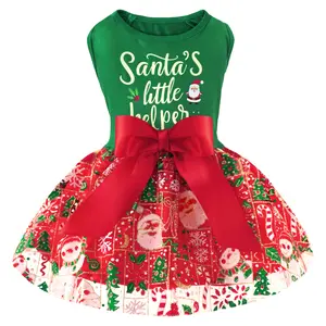 XPUDAC Dog Christmas Dress for Small & Medium Pets Girl Dog Clothes Lightweight Holiday Outfit with Red Bow & Festive Pattern Costume Universal Fit Winter Tree