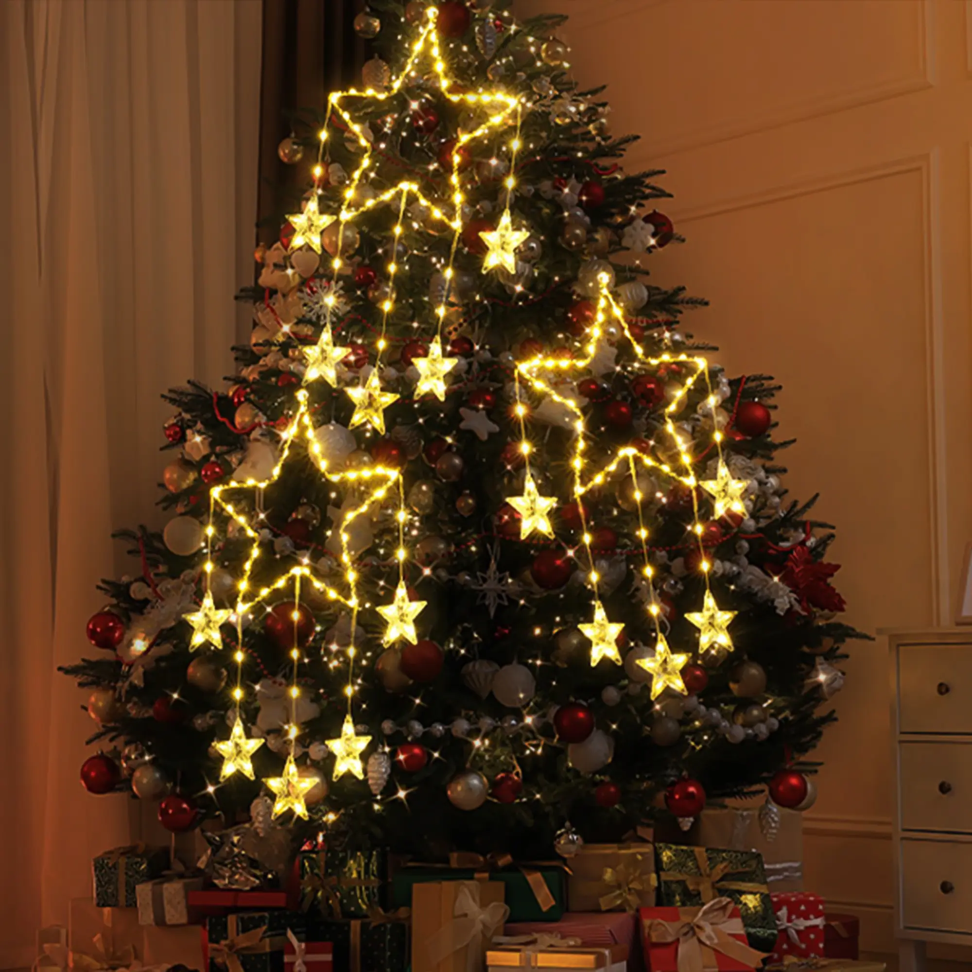 Battery Powered Starry Window Lights, Waterproof LED String Christmas Decor, Holiday Wedding Party Indoor Outdoor Hanging Ornament