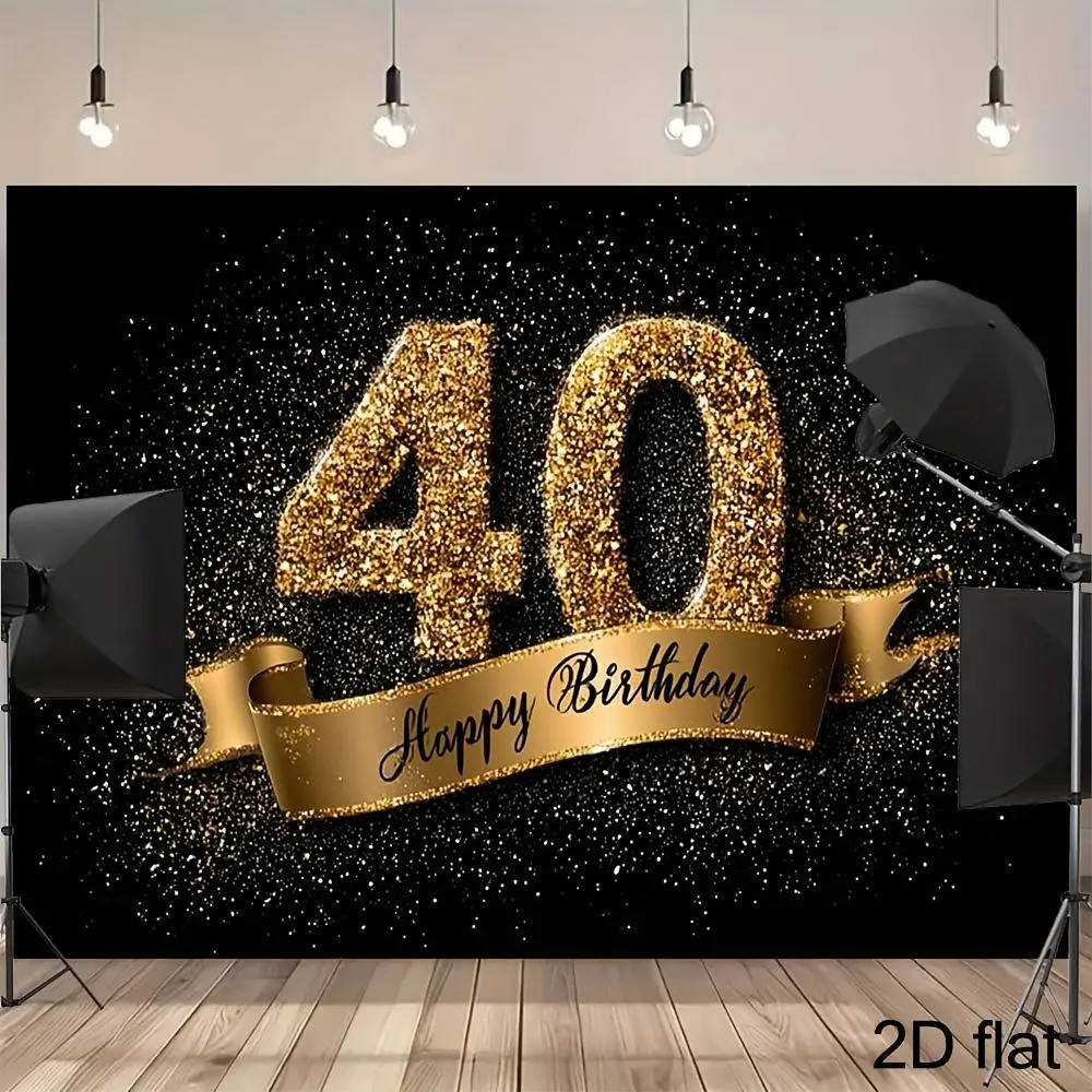 2D Flat, 40Th Birthday Golden Glitter Backdrop with Number 40, Black And Golden Balloon Banner for 40 Year Man/Woman - Large Golden Confetti Party Decoration for Milestone Celebration, Photo Background
