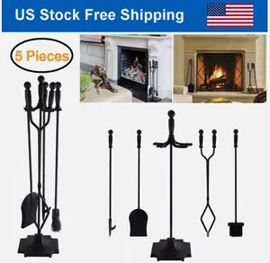 5Pcs Wrought Iron Fireplace Tools Set with Poker Tongs Shovel Brush Wood Stove
