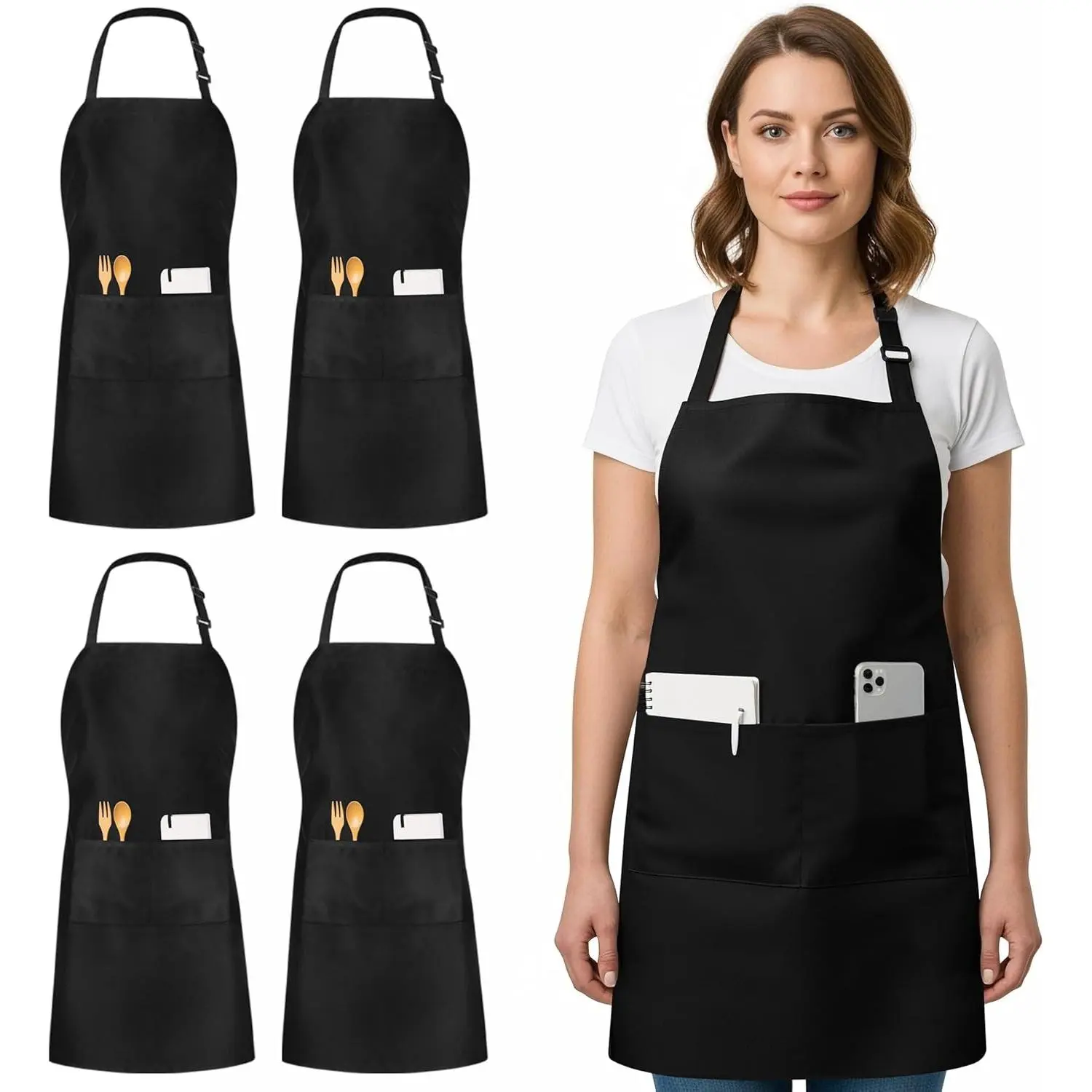 4-Pack Synthetic Polyester Bib Aprons, Washable Modern Chef Wear, Adjustable Tie Fit, 2 Pockets, Water-Resistant Oil-Repellent Daily Aprons for Men & Women, One Size