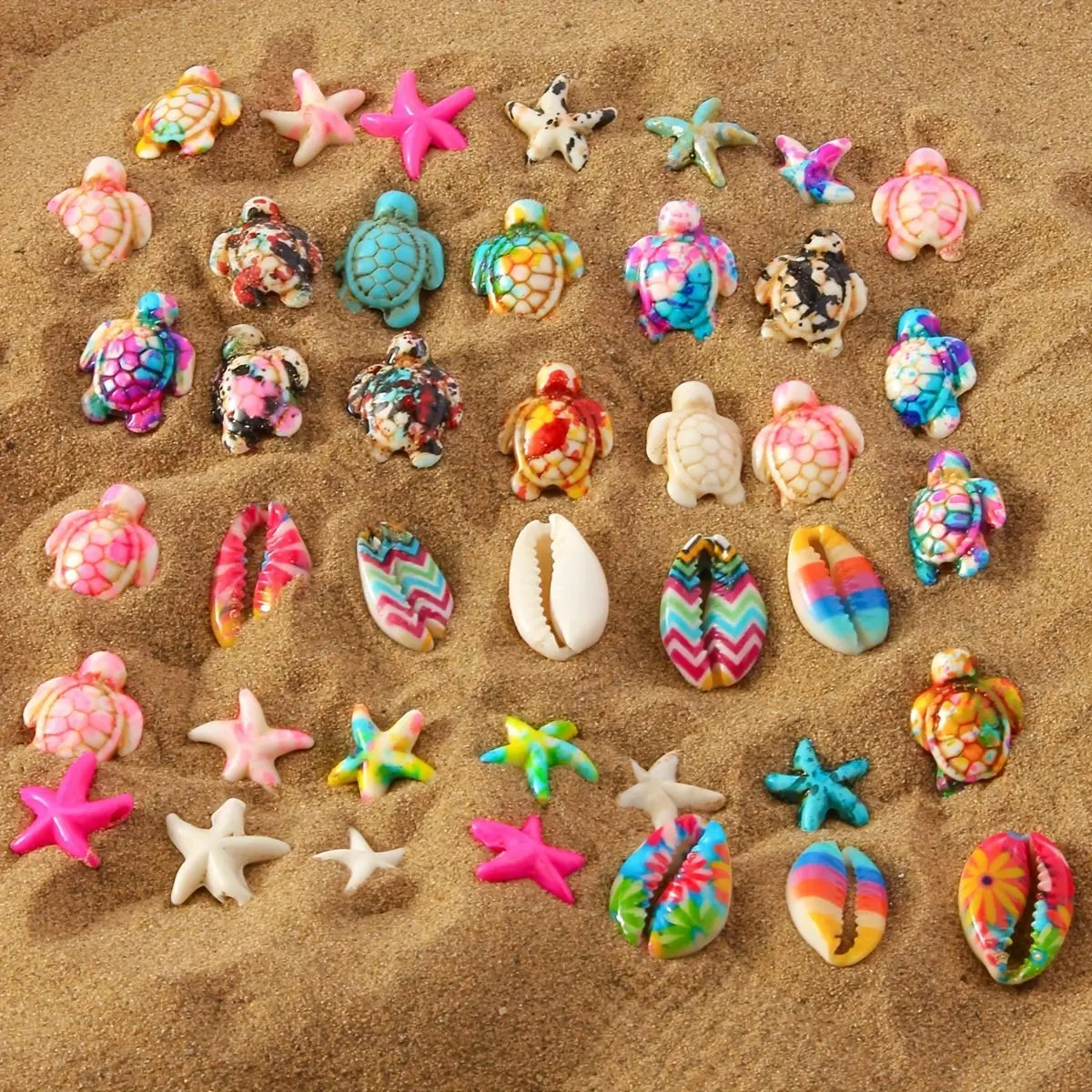 28 Piece Ocean Theme Bead Kit with Sea Turtle, Starfish and Cowrie Shell Designs, Colorful Assorted Beads with 3 Cord Bundles for DIY Bracelets, Necklaces, Anklets, Beach Jewelry, Summer Crafts and Personalized Handmade Gifts