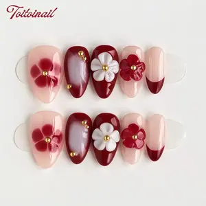 Cherry Blossom Red Handmade Press-On Nails | Short Almond Shape, 10pcs | Nude Pink & Burgundy Gradient Base with Hand-Drawn & 3D Flower & Gold Bead Decor | Retro Gentle Aesthetic | Daily & Date Wear, Reusable False Nails