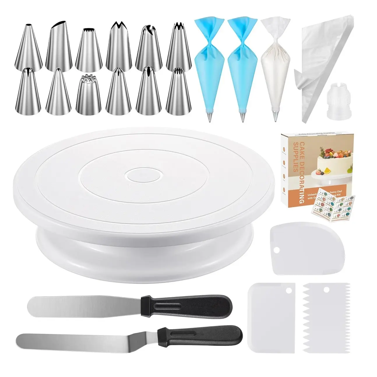 71PCs Cake Decorating Supplies Kit with Revolving Cake Stand Turntable, 12 Numbered Icing Piping Tips, 2 Spatulas, 3 Icing Comb Scraper, 50+2 Piping Bags, and 1 Coupler for Baking -  Cake Decorating Supplies Kit Bakeware Disposable