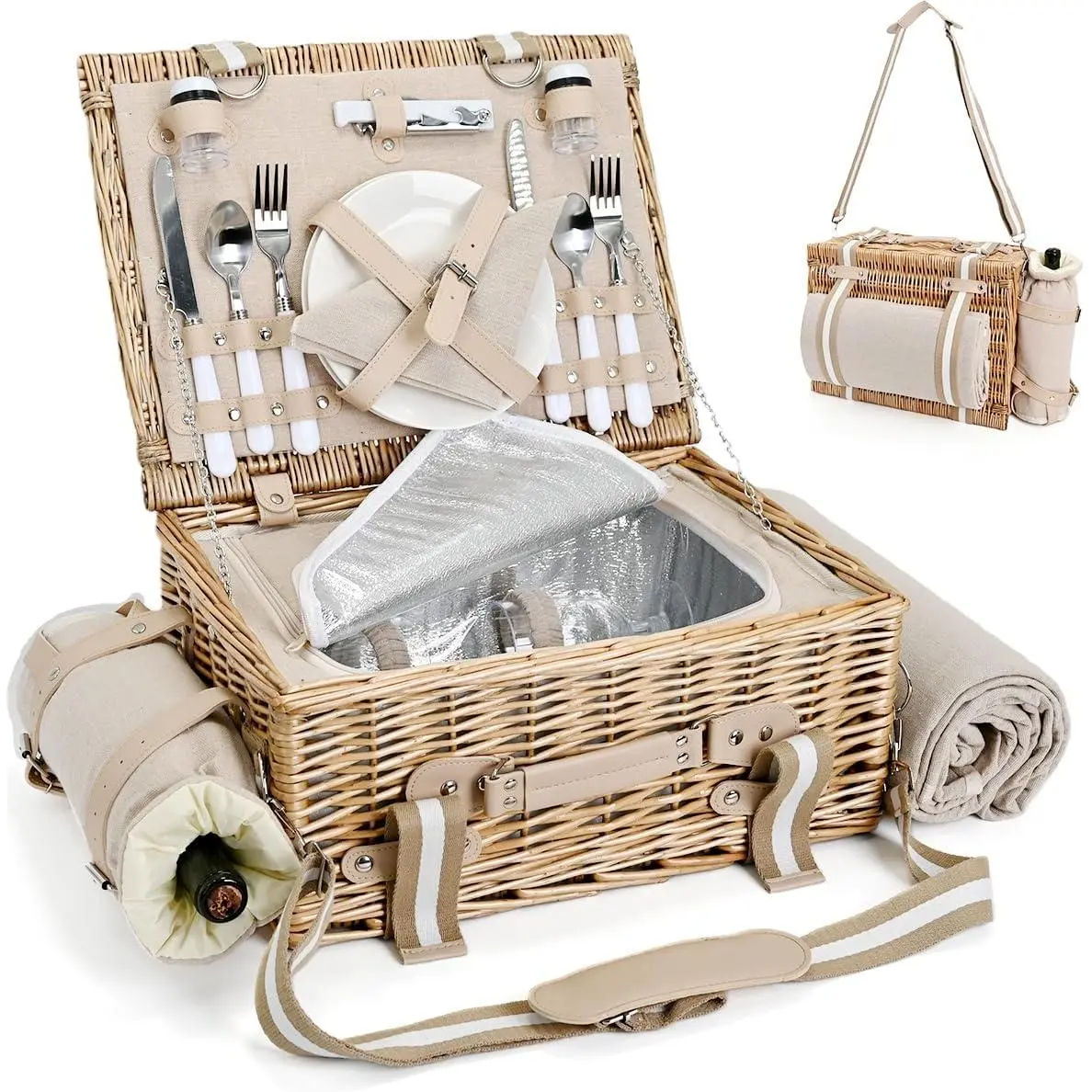 19 count Picnic Basket for 2 with Insulated Liner and  Picnic Blanket  Pouch, Large Wicker Picnic Hamper for Camping,Outdoor,Valentine Christmas for Couples,