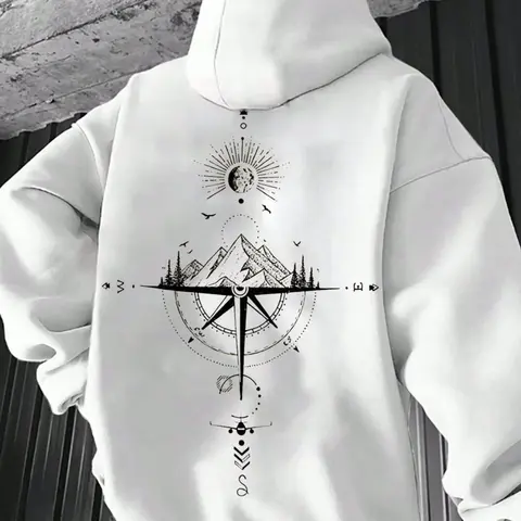 Men's Graphic Landscape Print Drop Shoulder Thermal Lined Long Sleeve Hoodie, Casual Regular Fit Drawstring Pocket Hooded Sweatshirt for Daily Holiday Outdoor Wear, Men Clothes for Fall & Winter, Casual Fitted Hoodie, Casual Hooded Sweatshirts
