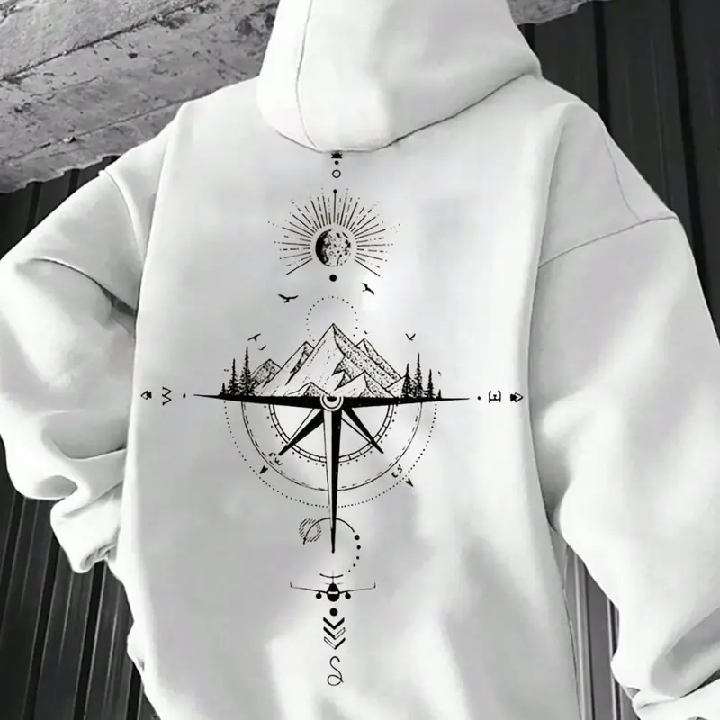 Men's Graphic Landscape Print Drop Shoulder Thermal Lined Long Sleeve Hoodie, Casual Regular Fit Drawstring Pocket Hooded Sweatshirt for Daily Holiday Outdoor Wear, Men Clothes for Fall & Winter, Casual Fitted Hoodie, Casual Hooded Sweatshirts