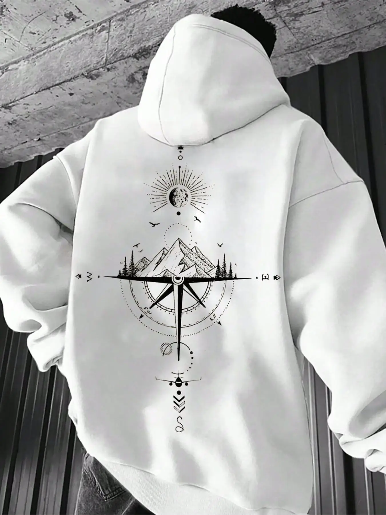 Men's Landscape Print Drop Shoulder Thermal Lined Hoodie, Fashion Casual Regular Fit Drawstring Pocket Hooded Sweatshirt for Daily Holiday Outdoor Wea