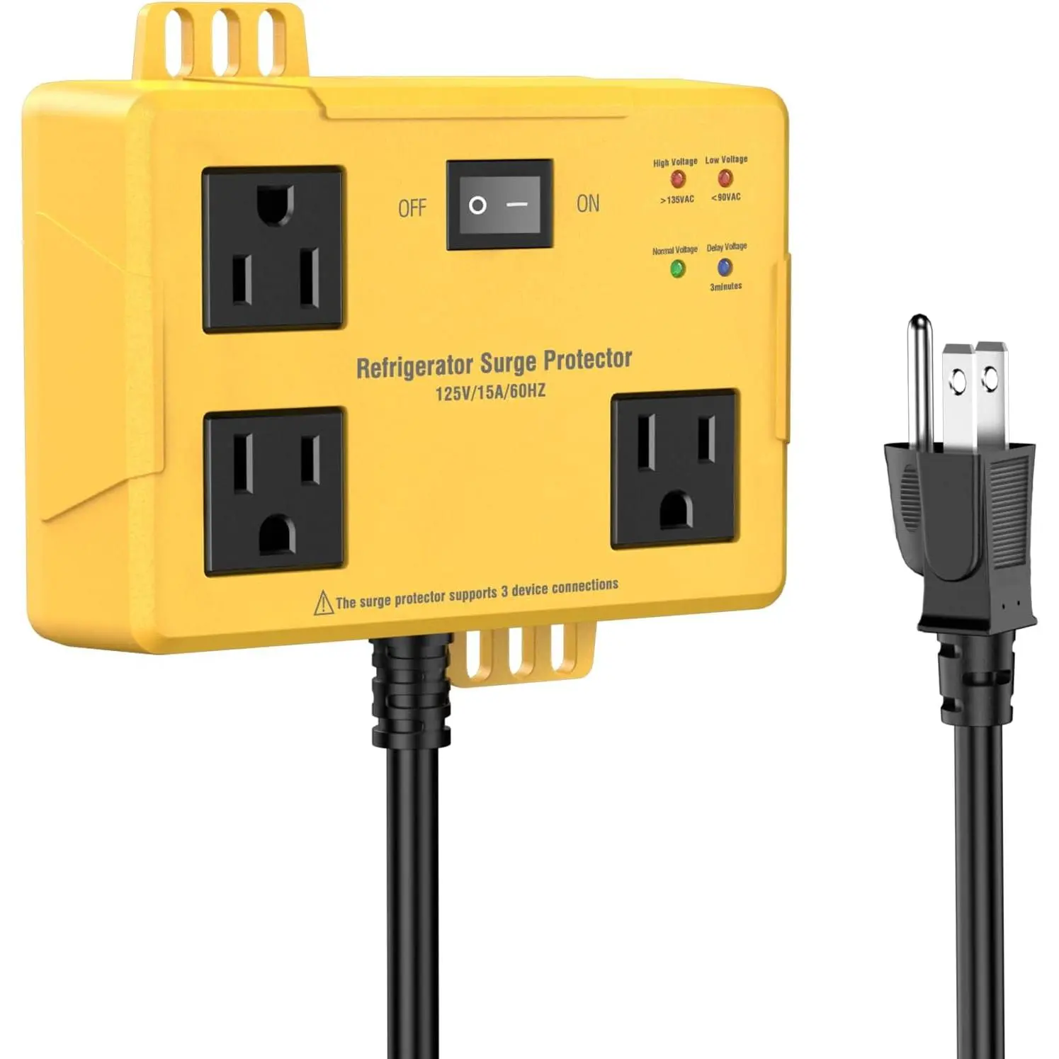 3 Outlets Refrigerator Surge Protector for  Appliances with Time Delay, 2FT Wall Mount Protector de Voltaje Protects Against Brownout, Spike, Instant Surge   Abnormalities. ETL Listed.