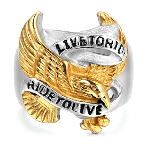 OIDEA Men's Biker Ring, Stainless Steel 'Live to Ride' Eagle Band, 23mm Wide Punk Jewelry in Black, Silver, Gold Tones, Biker Culture Icon