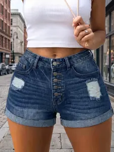 Women's High Waisted Denim Shorts, Multi Button Fly, Stretchy, Distressed Ripped, Pockets, Y2K Style, Chic, Casual Streetwear, Spring Summer