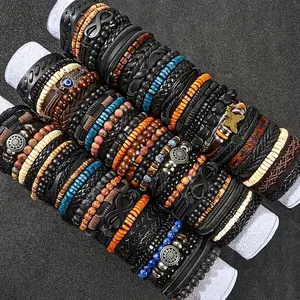 18/36Pcs Men's Bracelets with Wooden Beads and PU Leather Combination, Men's Bracelets, Vintage Book Bracelets, Christmas