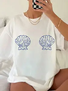 Women's White & Blue Tropical Seashell & Starfish Print T-Shirt - Soft Breathable Short Sleeve Beach Shirt, Loose Fit Casual Summer Top With Turquoise Shell Design, Machine Washable For Pool Parties, Vacation Outfits & Casual Attire