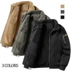 Men's Fleece Lined Flight Jacket Fall Winter Solid-Color Casual Sports Jacket