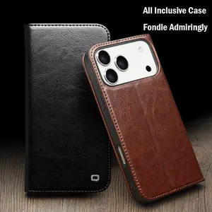 Fin QIALINO Case for iPhone 17 Pro Max Luxury Ultra Slim Handmade Genuine Leather Wallet Card Slot Flip Cover for iPhone 17 Pro/Air