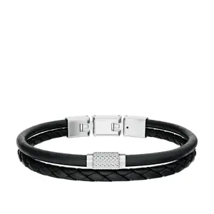 Fossil Men's Machine Knurled Texture Black Leather Multi-Strand Bracelet