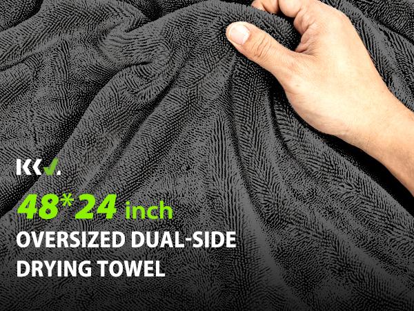 KKV Full-sized Drying Towel, 48x24“ Dual Sided Microfiber Car Cleaning Towel with Twisting Yarn Technique for SUVs, 1400GSM Super Absorbent, Scratch-free, Quick-dry, Machine Washable