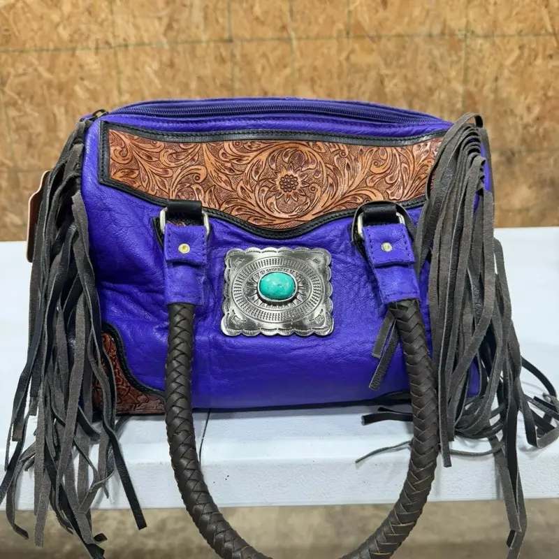 Genuine Hand-Tooled Leather Medium Soft-Shell Speedy Bag - Bright Purple with Metal Conch, Fringe, Tooled Leather Corners