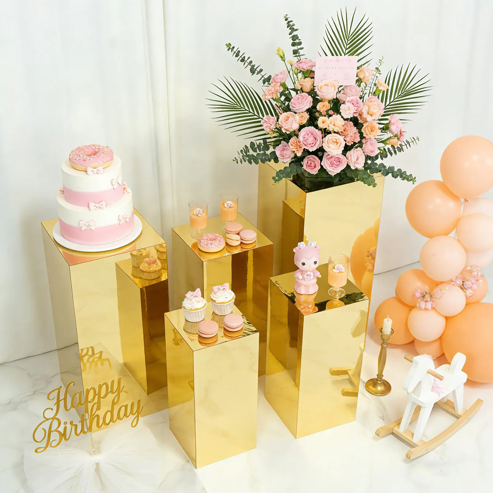 5-Piece Gold Mirror Acrylic Pedestal Stands - Pre-Assembled Rectangular Display Risers - 20in,22in,24in,28in,32in - for Retail,Wedding Centerpieces,Party Décor