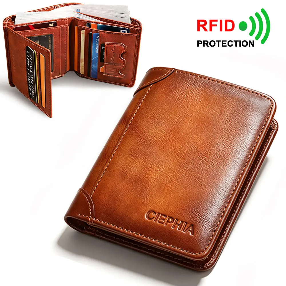 CIEPHIA Genuine Leather Rfid Wallets for Men Vintage Short Multi Function ID Credit Card Holder Money Bag Ideal Gift