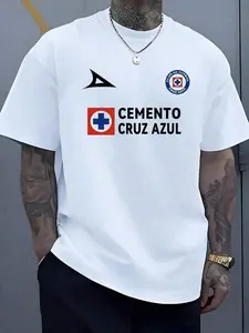 Men's Cruz Azul Soccer T-Shirt, 100% Cotton Graphic Tee, Cemento Cruz Azul Logo Print Shirt, Casual Streetwear, Soccer Fan Apparel, Oversized Crew Neck Summer Fashion Tee, Breathable Athletic Supporter Shirt