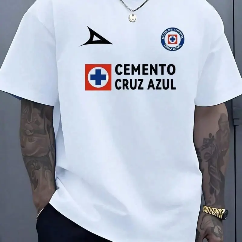 Men's Cruz Azul 100% Cotton Relaxed Fit Oversized Crew Neck Short-Sleeve Breathable Tee - Cemento Graphic Sports Shirt, Soccer Fan Birthday Day Outdoor Casual Streetwear Clothes