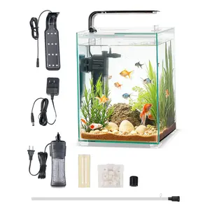 fathersdaygift VEVOR Fish Tank Aquarium, 5 Gallon Square Ultra-Clear Glass Starter Smart Tank Adjustable 3 Color Lighting, Self Cleaning System Fishbowl for Freshwater Saltwater Fish Home, Office, or Pet Use