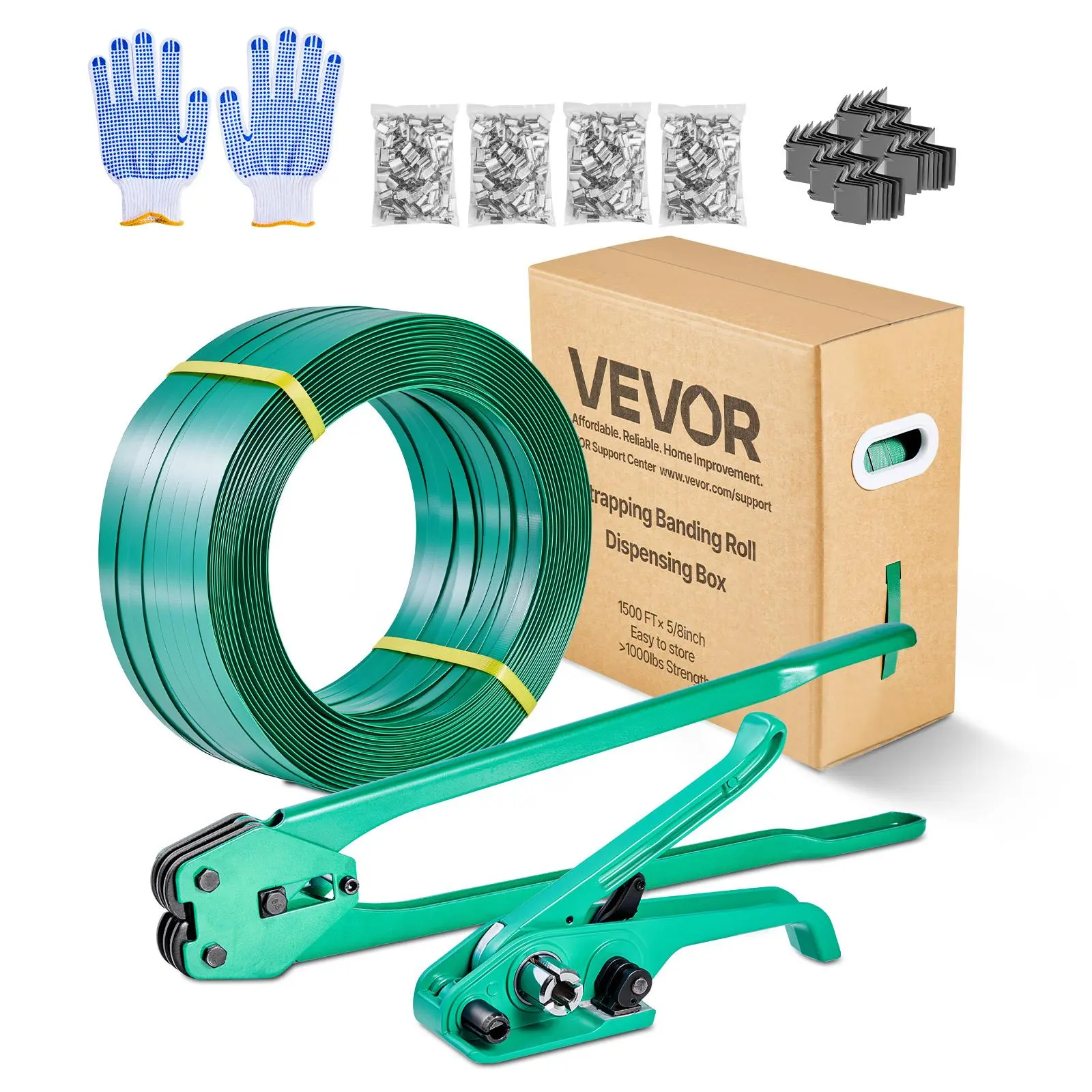 【SummerFinds】VEVOR Banding Strapping Kit, Heavy Duty Banding Sealer Tool with 1500 ft PET Band, 450 Metal Seals, 150 Corner Protectors & Gloves, Plastic Pallet Packaging Strapping Kit for Warehouse/Shipping/Moving