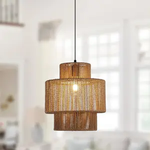Garwarm Hand Woven Pendant Light - Rattan Hanging Lamp Farmhouse Chandelier Rattan Light Fixture Adjustable Hanging Lights Pendant Lighting for Kitchen Island Dining Room Living Room Brown 31cm