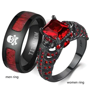 Ringcrown Couple Rings Matching Rings 1.5ct Red CZ Black Gold Plated Women Wedding Ring For Him And Her Ring Men Titanium Steel Wedding Band Punk Skull Ring