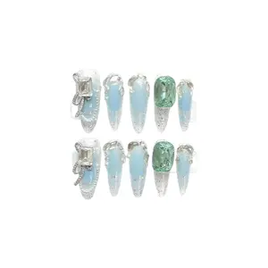 French Couture Chic Handcrafted Luxury Sky Blue Press-On Nails