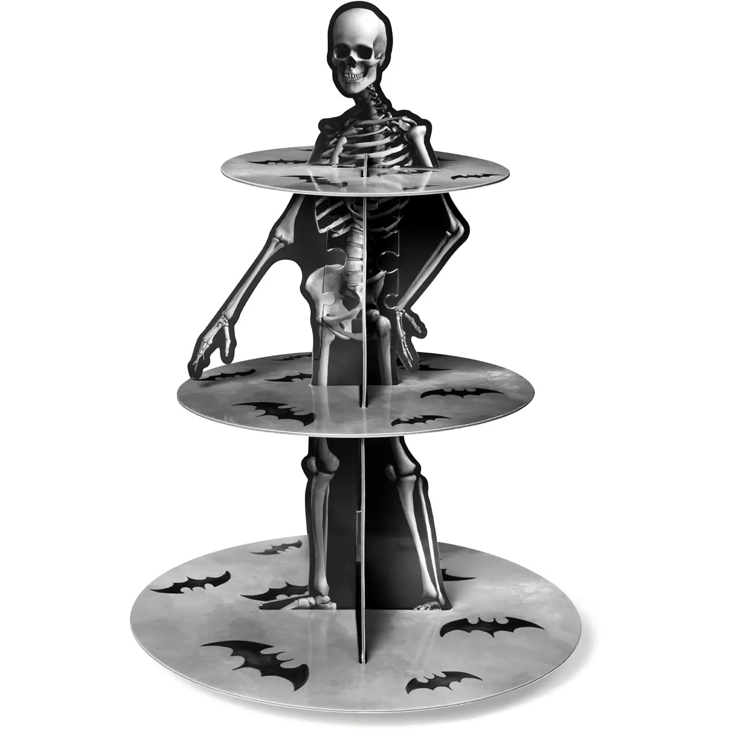 Scary 3-Tier Gothic Black Cardboard Halloween Skeleton Cupcake Stand Set - 11.8 Inches Round, Lightweight 3-Layer Dessert Holder with Pastry Platter, Easy Install for Halloween Theme Party Table Decoration, Three Tiers