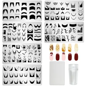 6pcs Nail Stamper Kit French Nail Stamping Plate Heart Geometric Image Nail Stencils with Silicone Nail Stamp and Scraper for Women Nail Design Tools