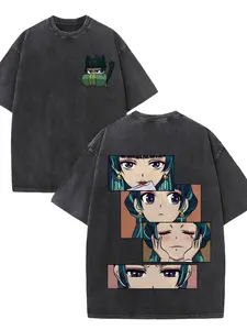 Men's shirt, anime character comic style double-sided printing, black short sleeves, washed cotton retro casual round neck, regular version, soft and breathable, suitable for all seasons, daily leisure, festivals or gifts for friends