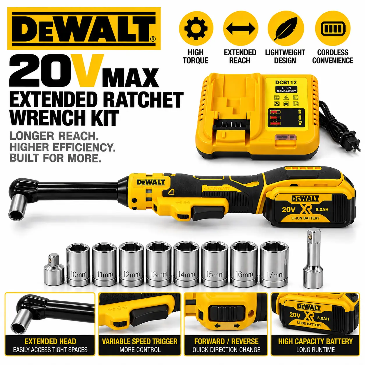 DEWALT 20V Cordless Ratchet Wrench Kit, 17.1" Extended Reach Electric Ratchet, Heavy Duty Metal Drive, 5.0Ah Battery & Socket Set, Forward Reverse Power Tool for Auto Repair, Mechanic, Garage & Machinery Maintenance