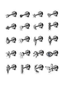 20 Pcs Silvery Black Small 304 Surgical Steel Stud Earrings for Women Men Tiny Ball Heart Star Stud Earrings Set for Multiple Piercing Jewelry Set Tiny Hypoallergenic Flat Back Cartilage Stud Earrings