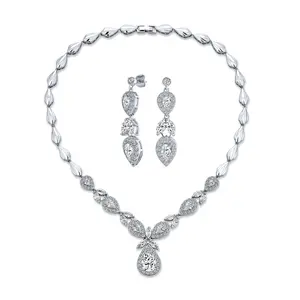 Vintage Marquise Leaf Starburst Necklace Earrings Set Silver
