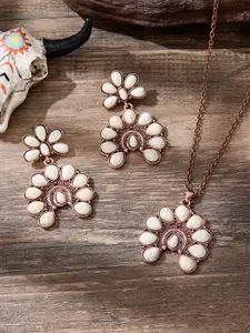 Women Boho Jewelry Set, Turquoise Pendant Necklace & Earrings, Western Cowgirl Vintage Pumpkin Horseshoe Design, Gift Idea