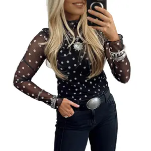 Asvivid Women's Polka Dot Patterned Bodycon Mock Neck Mesh Long Sleeve Top Womenswear