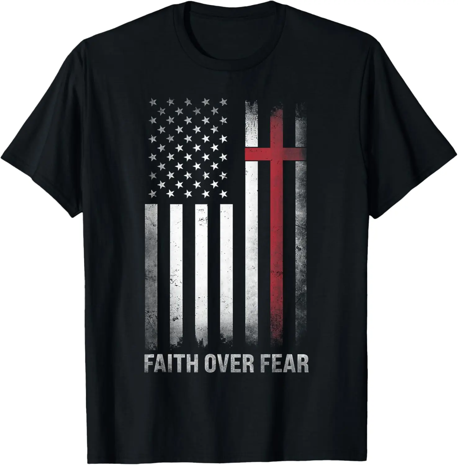 Men's Faith Over Fear T-Shirt with American Flag Cross Graphic Print, Patriotic Christian Short Sleeve Top, Fabric