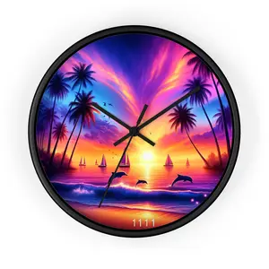 10" Wall Clock "Dolphin Serenade at Dusk: A Tropical Sundown Symphony" -  1111 Tropical Beach at Sunset with Palm Trees, Dolphins, and Sailboats Decor Angel Wood