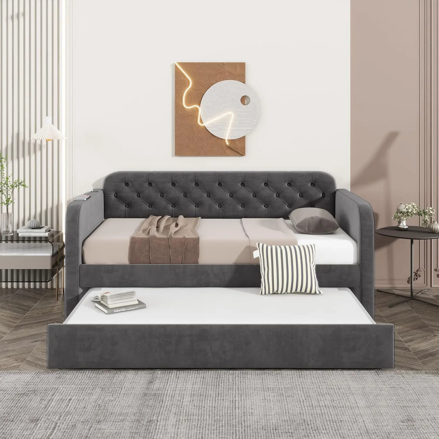 Upholstered Twin Daybed Frame with Trundle & USB Charging Station, Sofa‑Style Day Bed, No Box Spring Needed for Bedroom & Living Room,Dark Grey