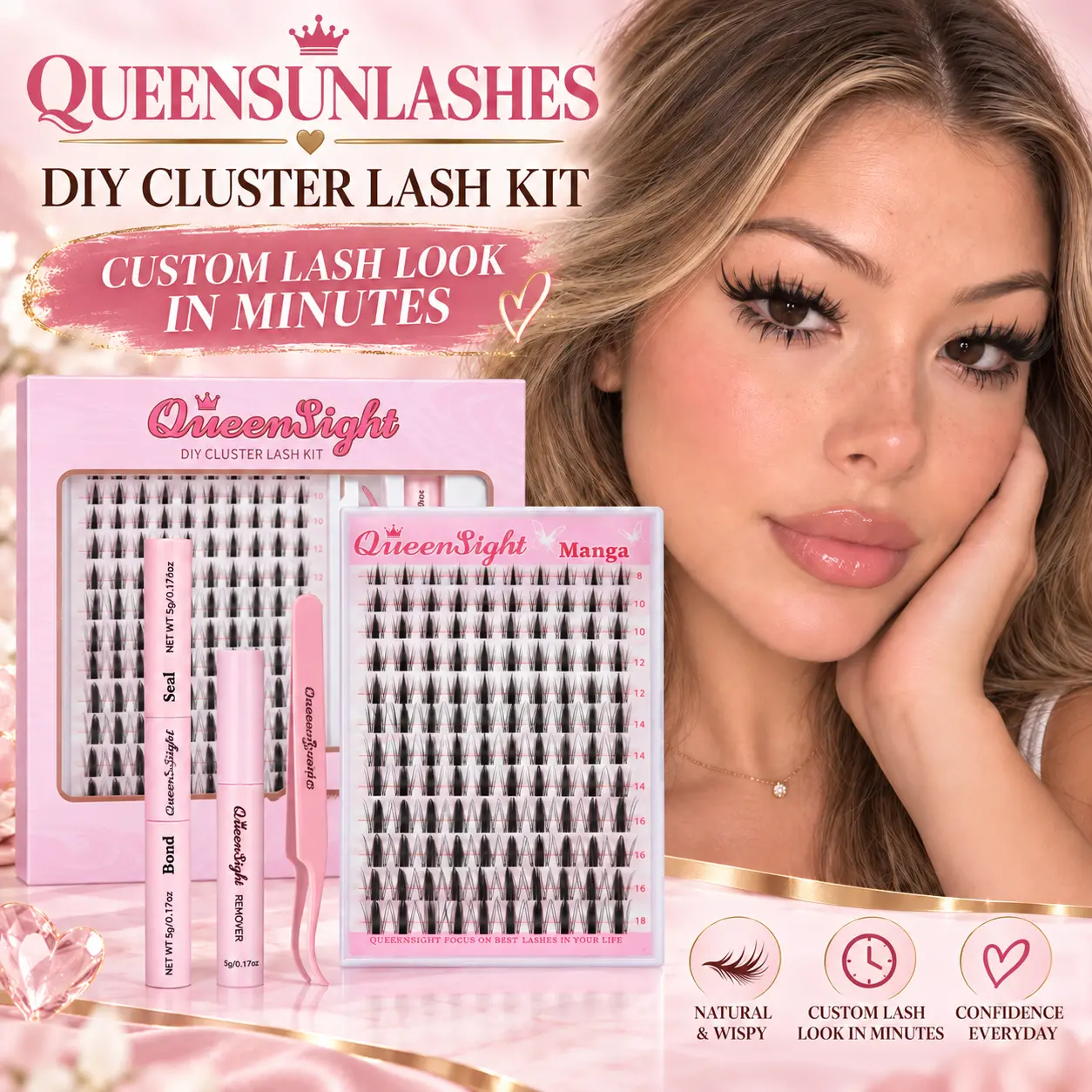 Queensight Manga Lash Cluster Kit 8-18mm Natural DIY Extensions,Waterproof,Long-lasting, Lash band and Seal,Tweezers and Remover for DIY Eyelash, Home Easily,Lightweight,Beginner Friendly,Soft Glam,Daily Natutal Look