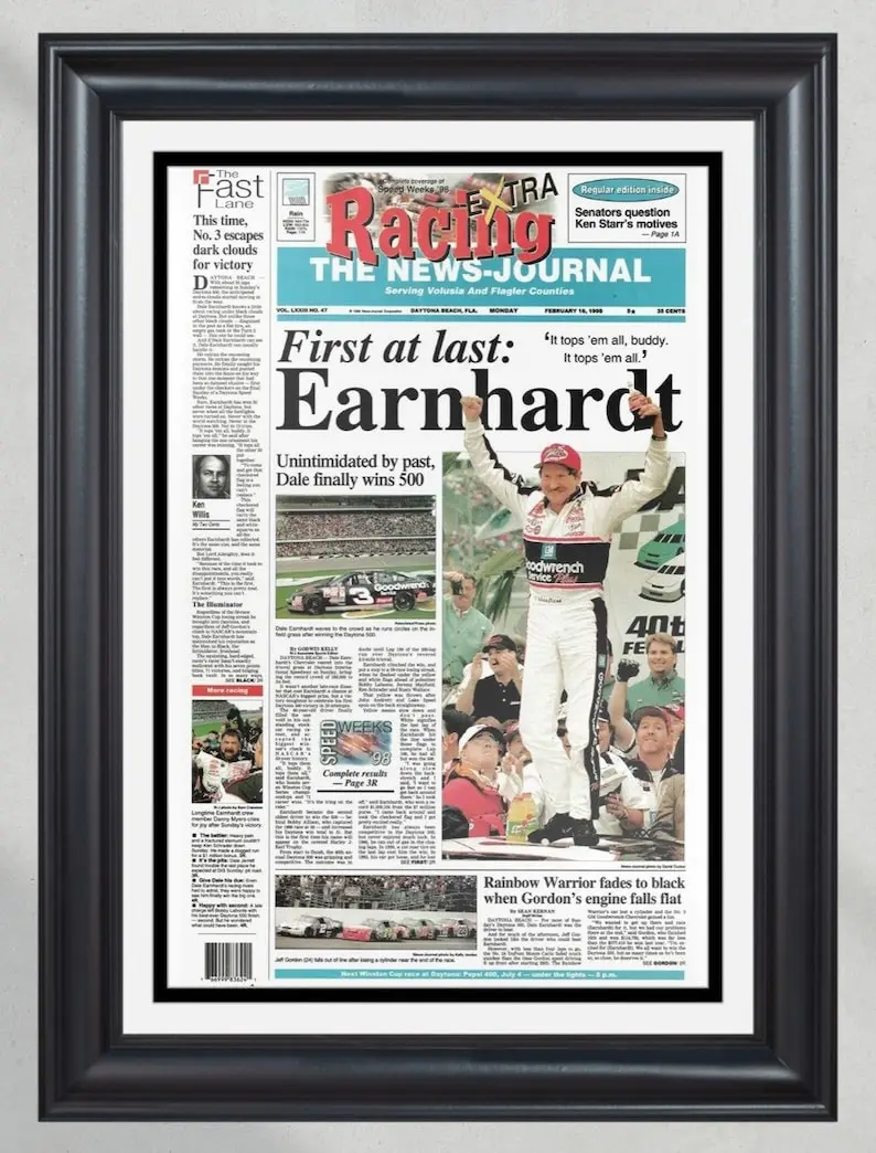 [Unframed Poster] 1998 Daytona 500 Dale Earnhardt Victory Front Page Newspaper Print