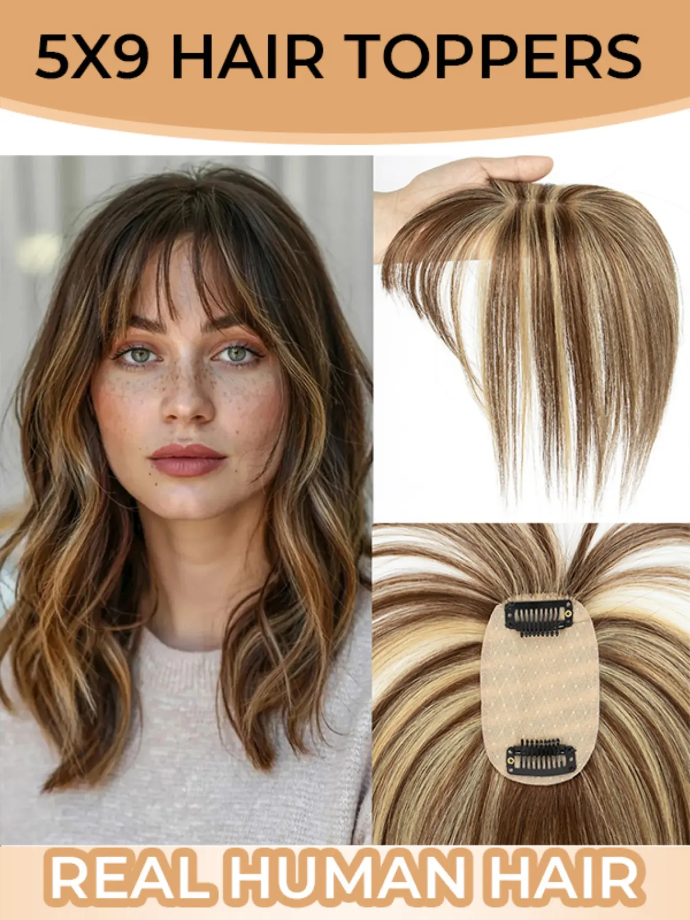 Hair Topper for Women, Real Human Hair Breathable Lace Base, Handmade Straight Hairpiece, Includes 2 Clips, Natural Look, Suitable for Baldness, Natural Looking Hair