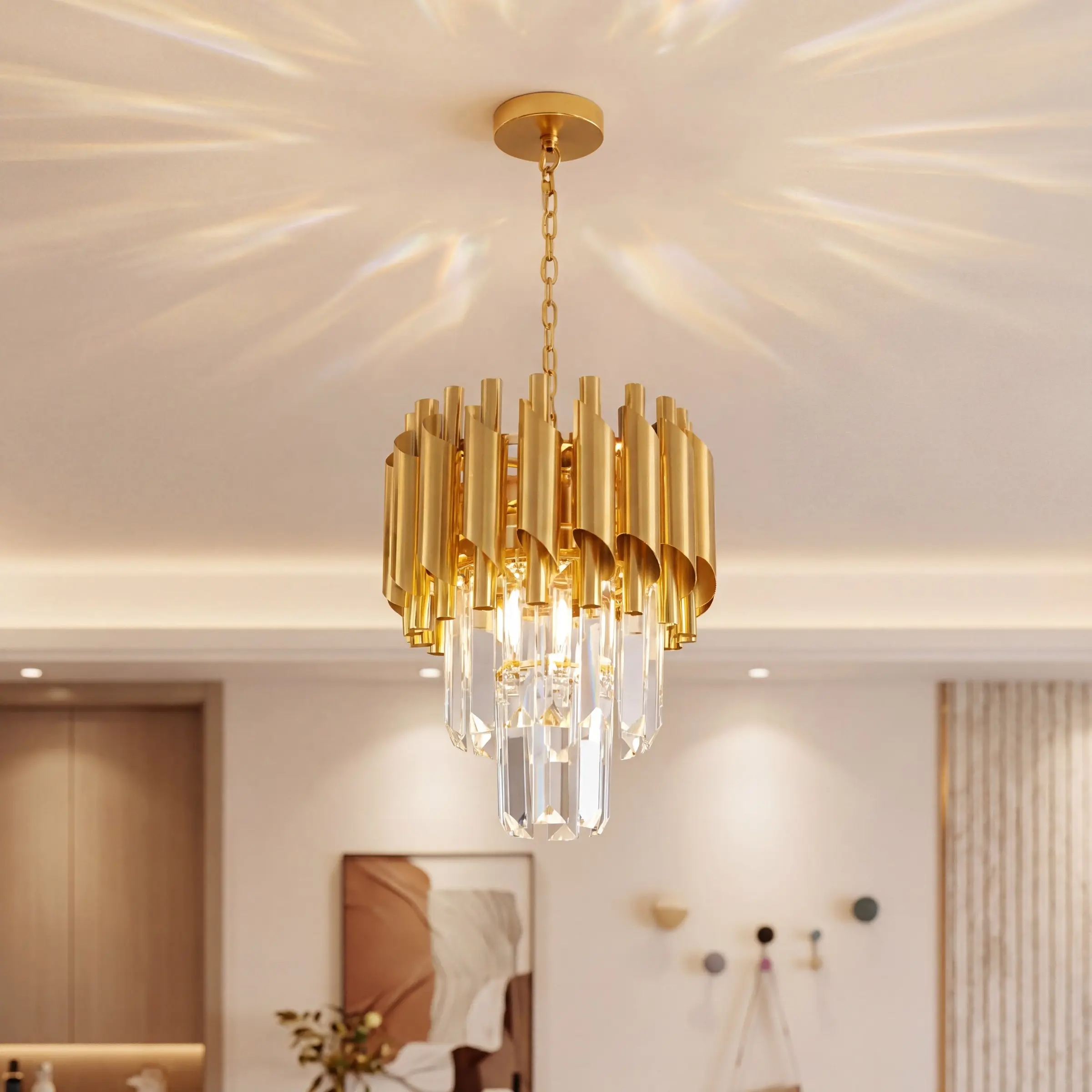 Modern Luxury Mini Gold Crystal Chandelier, Elegant Small Pendant Light with Crystal Accents, Decorative Lights, for Hallway Foyer Staircase Dining Room Kitchen Island Closet Balcony Vanity Room, Adjustable Height, Bulbs Not Included