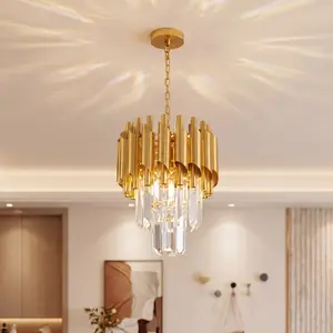 Modern Luxury Mini Gold Crystal Chandelier, Elegant Small Pendant Light with Crystal Accents for Hallway Foyer Staircase Dining Room Kitchen Island Closet Balcony Vanity Room, Adjustable Height, Bulbs Not Included