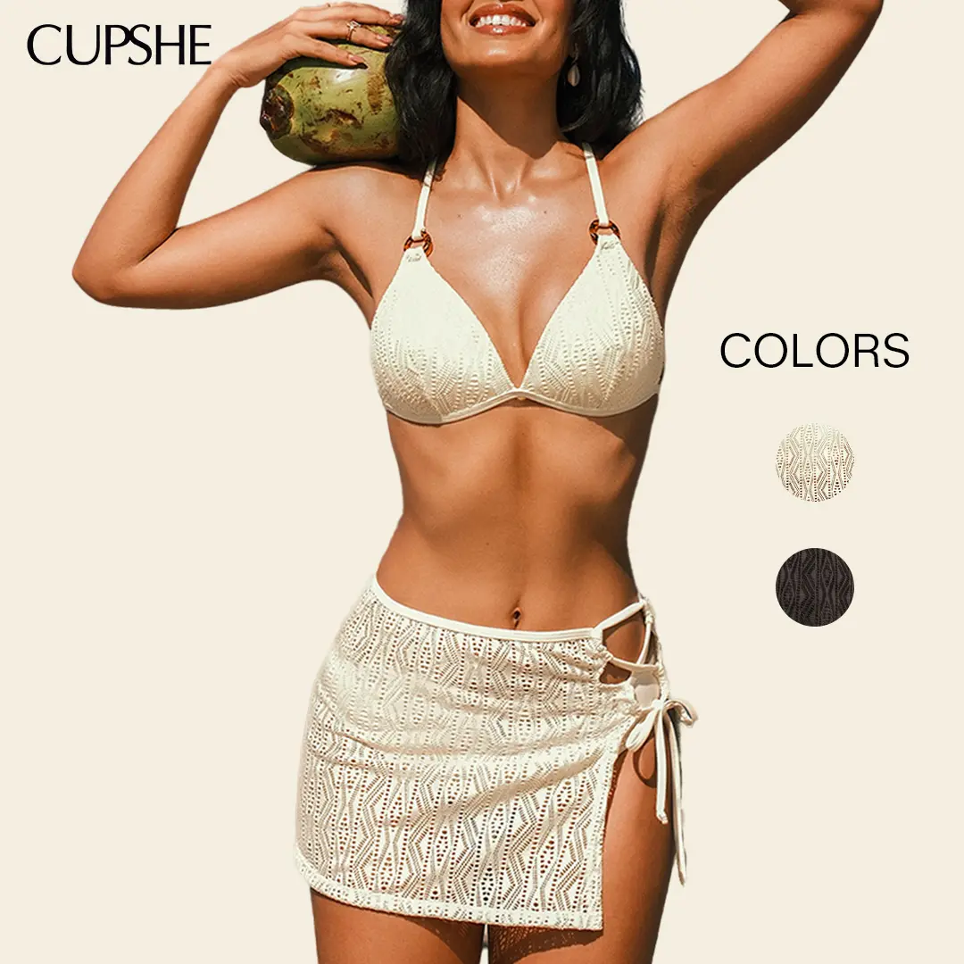 CUPSHE Women's 3-Piece Beachy Matching Multi-Size Bikini Set - Polyester Bathing Suit, Diamond Neckline, Adjustable Removable Soft-Cup Straps, Classic Bum Coverage Sarong, Swimsuit for Women #summerfinds