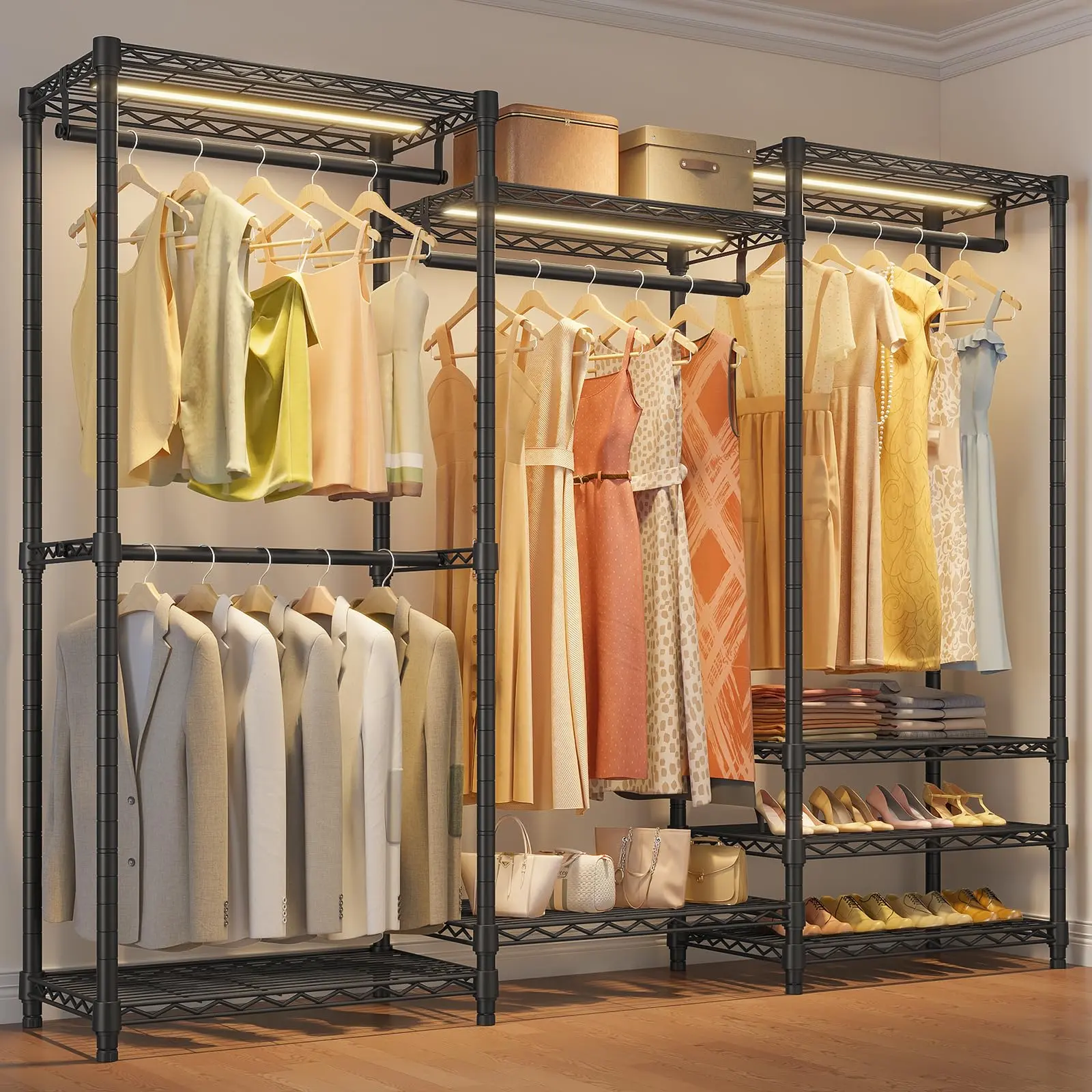 VIPEK V5L Heavy Duty Closet Rack with Dimmable LED Lights, 3000K Warm White, Adjustable Freestanding Wardrobe Rack for Hanging Clothes Home Organiser
